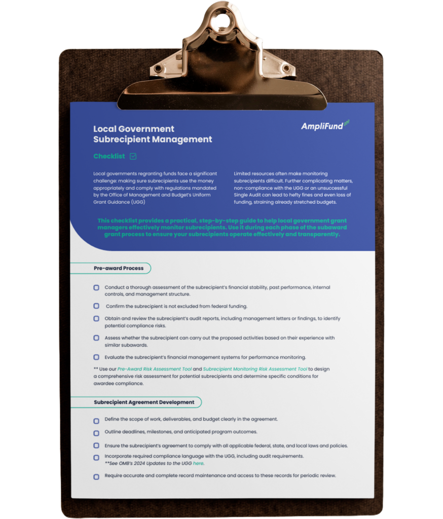 Clipboard with AmpliFund's Local Government Subrecipient Management Checklist for Grant Managers