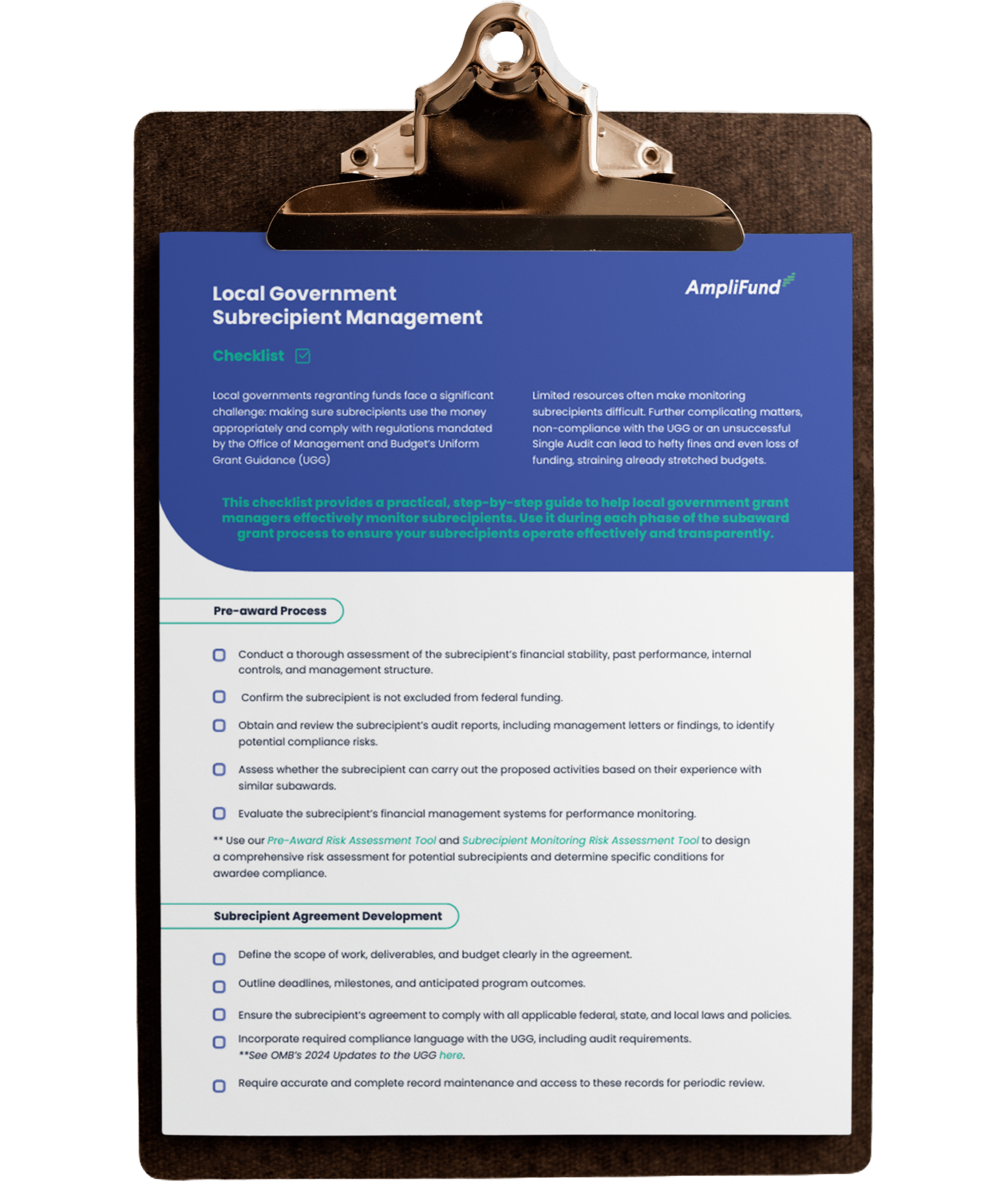 Clipboard with AmpliFund's Local Government Subrecipient Management Checklist for Grant Managers