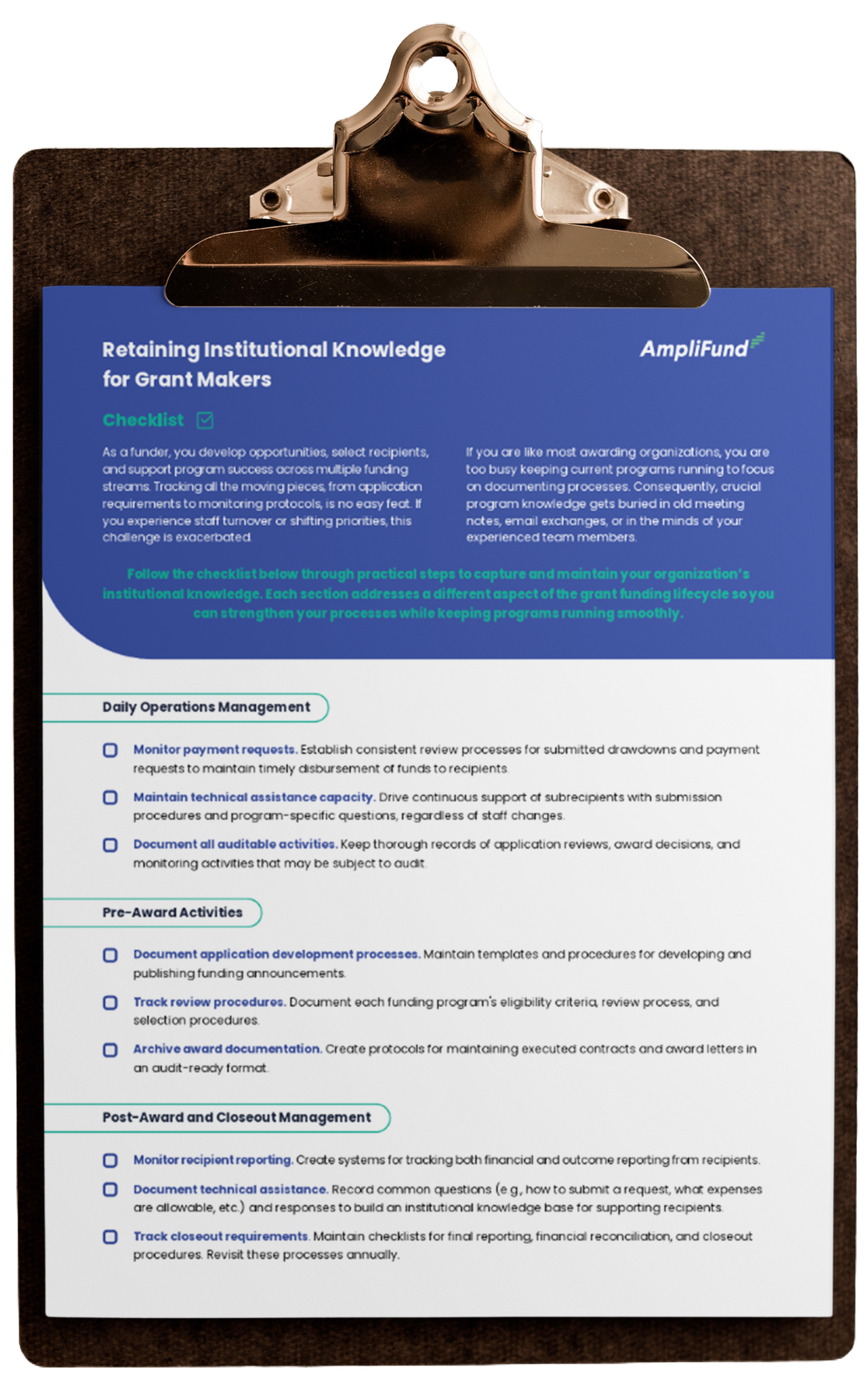 Grant management Retaining Institutional knowledge checklist for grant makers